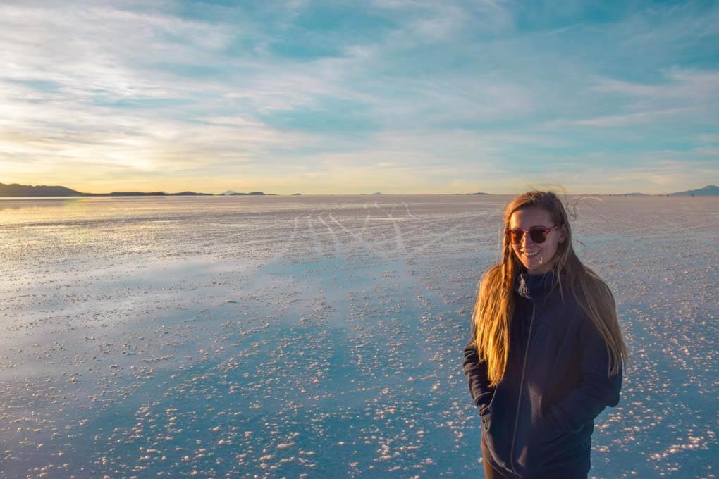 Baley laughs at the camera while we watch the sunset on the salt flats on our first night