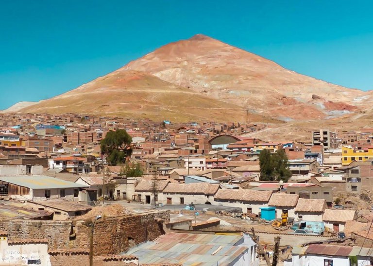 Cerro Rico sits in the background of the city of Potosi, Bolivia