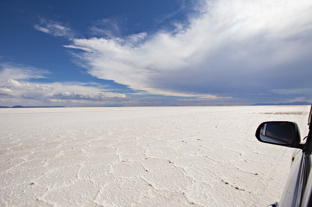 view from a car driving on the Salt Flats in Bolivia