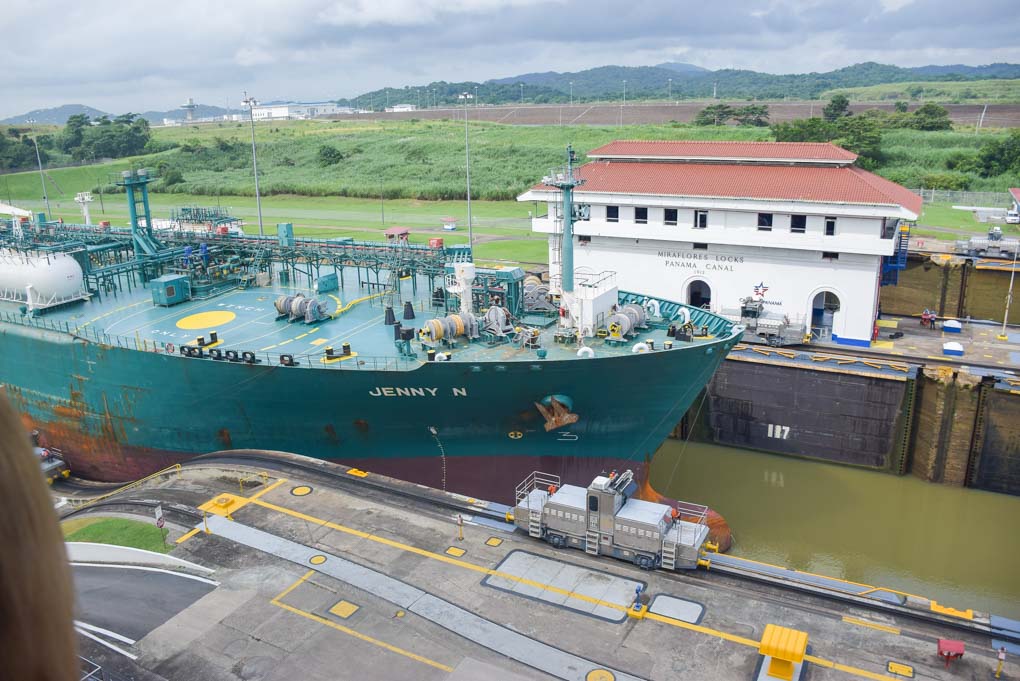 A ship passes trough the Panama Canal in Panama City, Panama