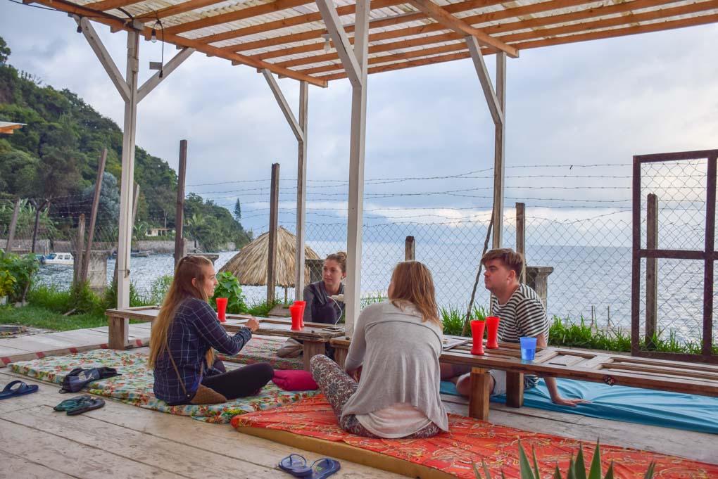 having drinks at the hostel Free Cerveza, in Santa Cruz, Lake Atitlan