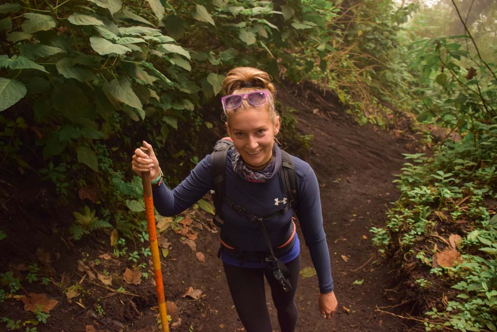 Bailey hiking up the trail to base camp on Acatenango Volcano