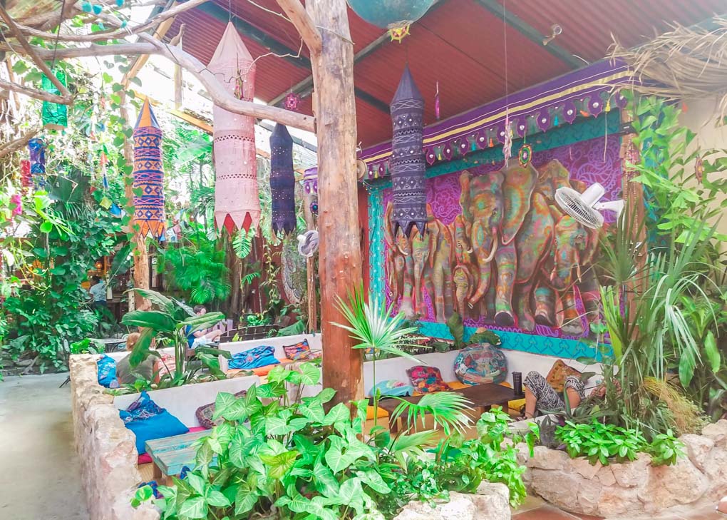 The garden at Los Amigos hostel in Flores