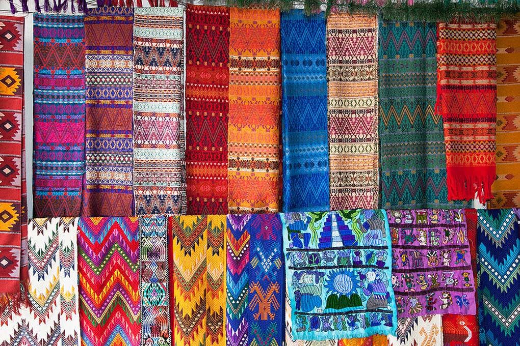 Traditional  colorful fabric at the street market in Flores, Guatemala