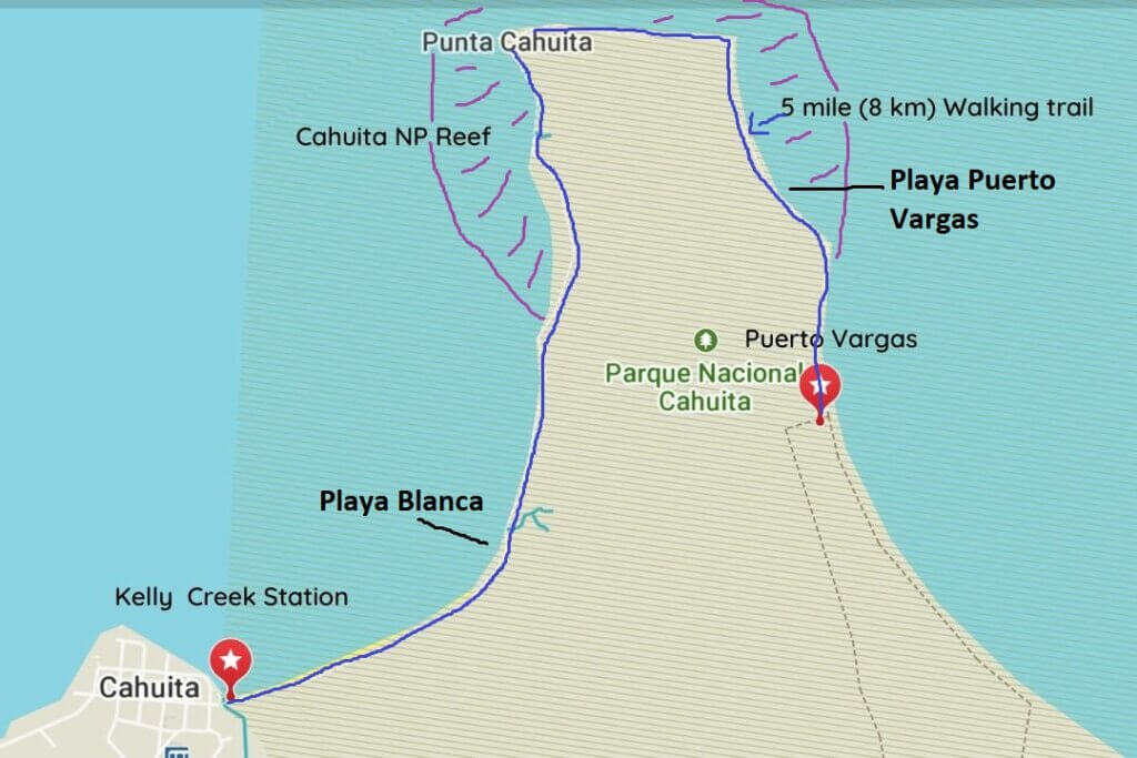 Map of Cahuita National Park showing the two entrance gates