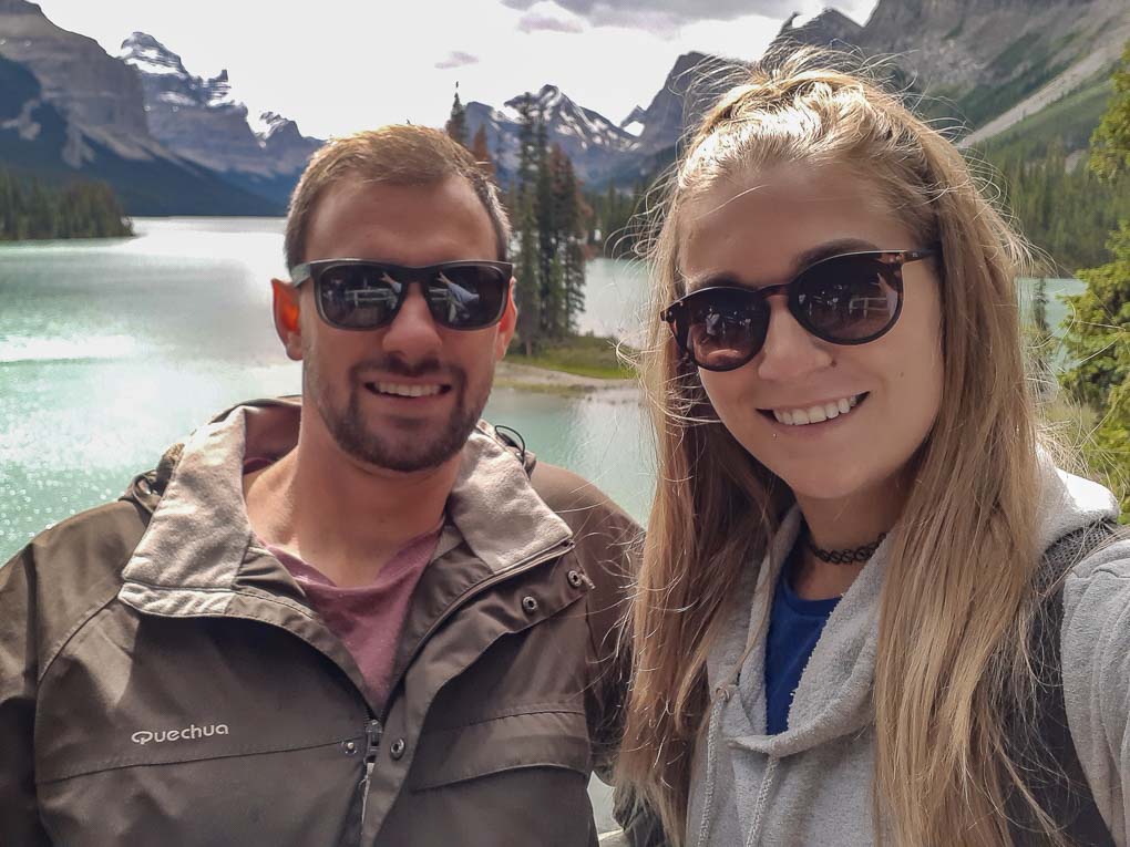 Bailey and Daniel take a selfie at Maligne Lake, Canada