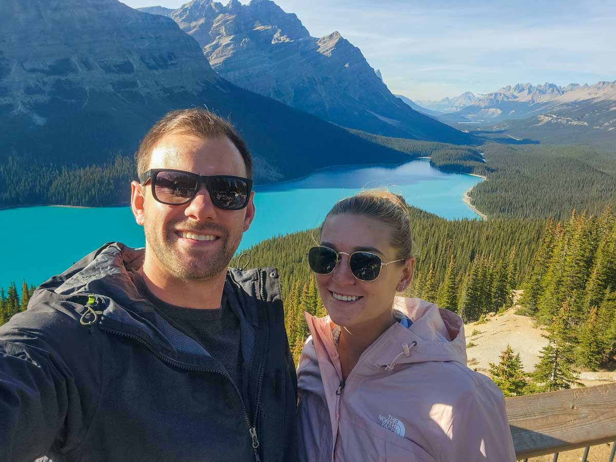 Daniel and Bailey take a selfie at the Peyto Lake Lookout, Canada