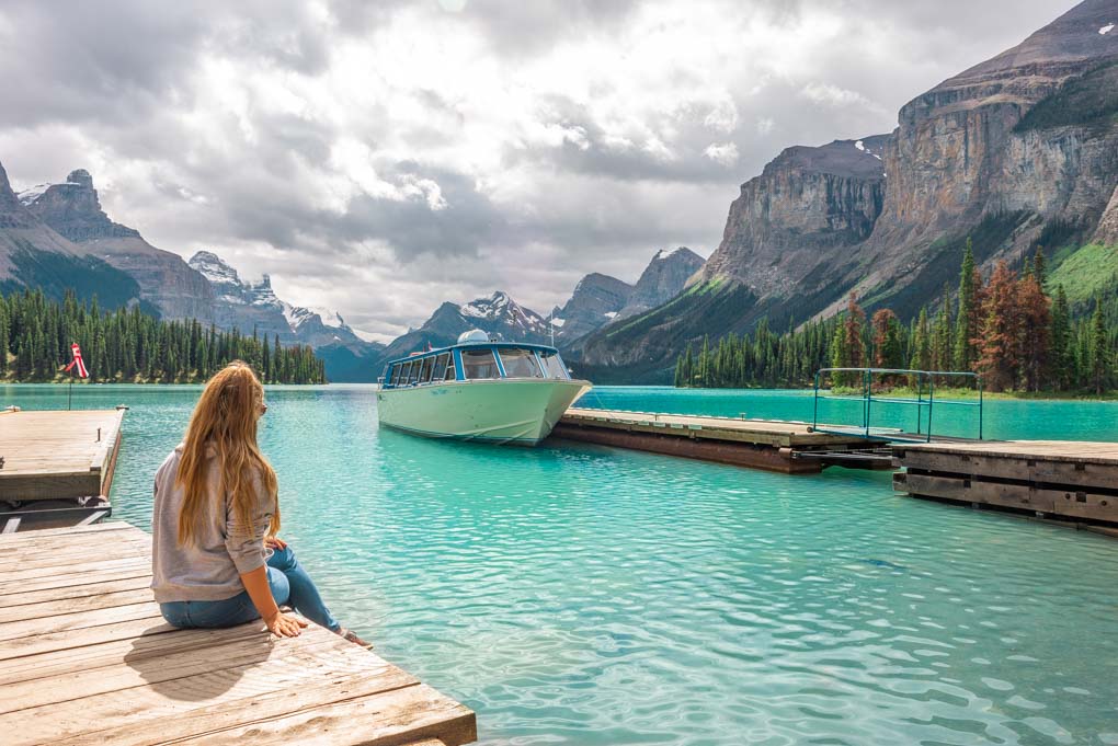 Admiring the views of the mountains while on our Maligne Lake cruise tour in Jasper