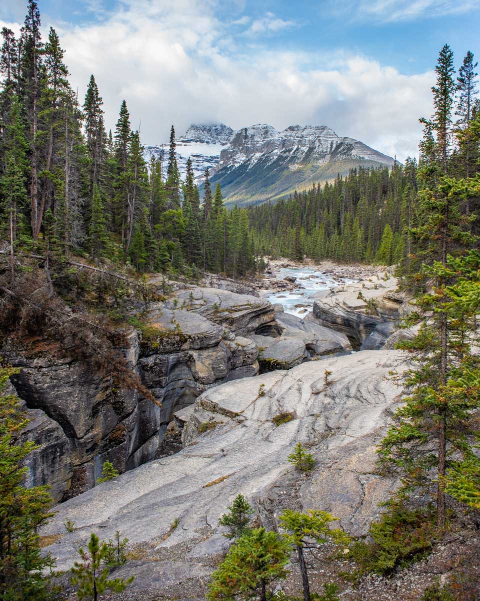 Mistaya Canyon with a mountain backdrop on the Icefields Parkway, Canada