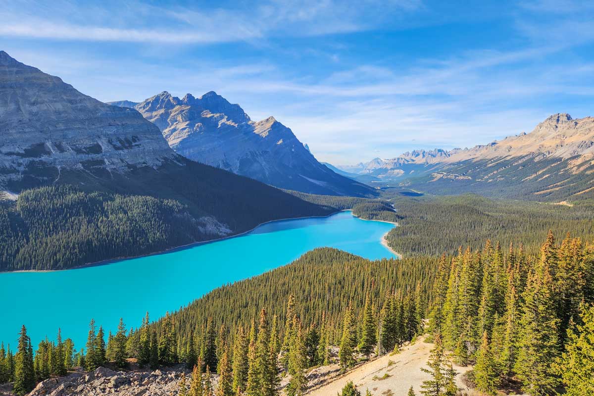 View from the Peyto Lake Viewpoint of Peyto Lake and the Icefields Parkway in Alberta, Canada