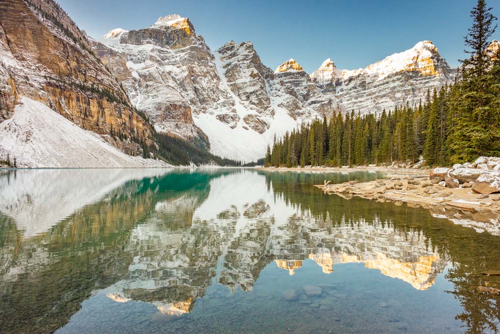lake Moraine at sunrise in fall