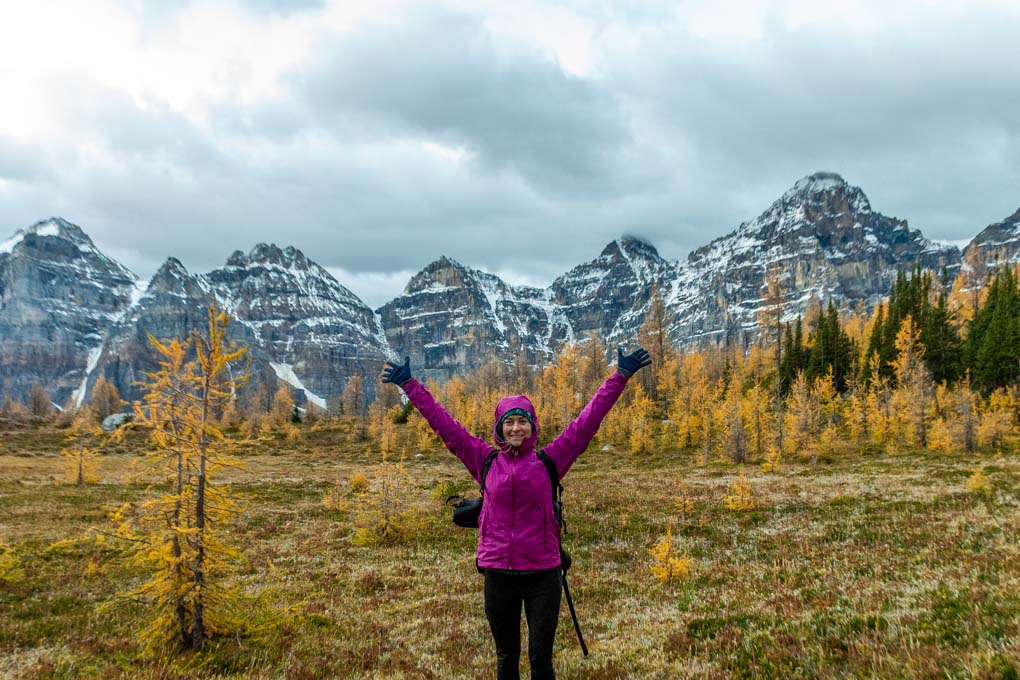 Bailey dressed in lots of warm gear on a hike in Banff during fall