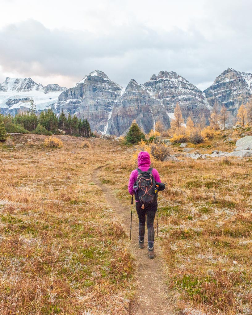 A lady walking on a trail in the Larch Valley