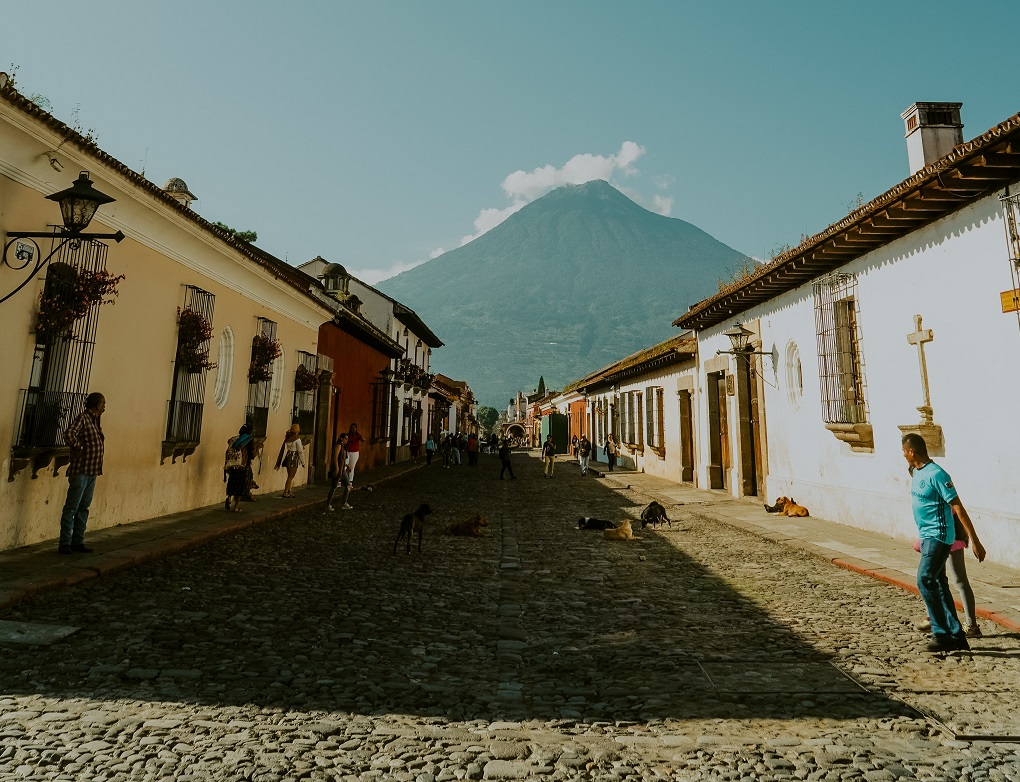 the cobble stone streets and volcano view in Antigua, Guatemala