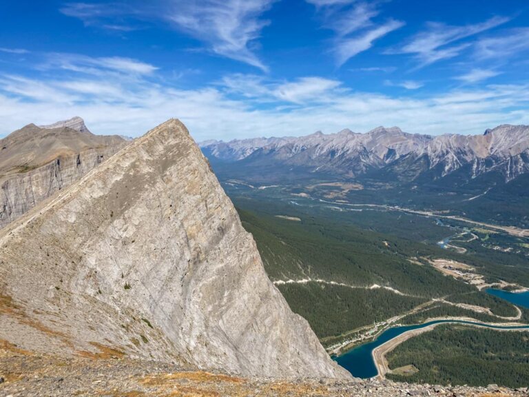 A view of Ha Ling Peak from the trail on a sunny day in Canmore, Alberta