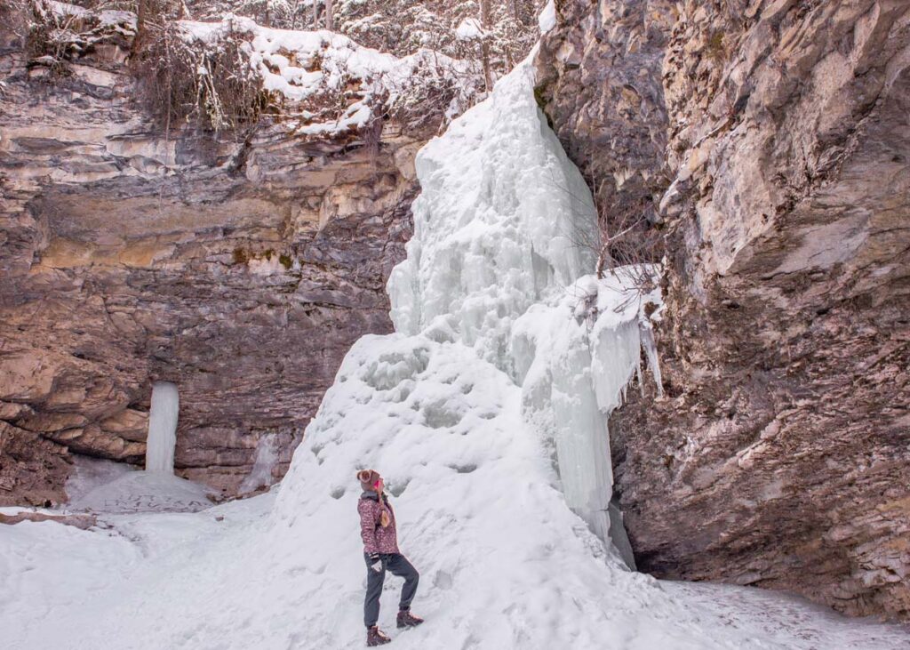 the frozen Troll Falls in the Kananaskis in the winter near Canmore