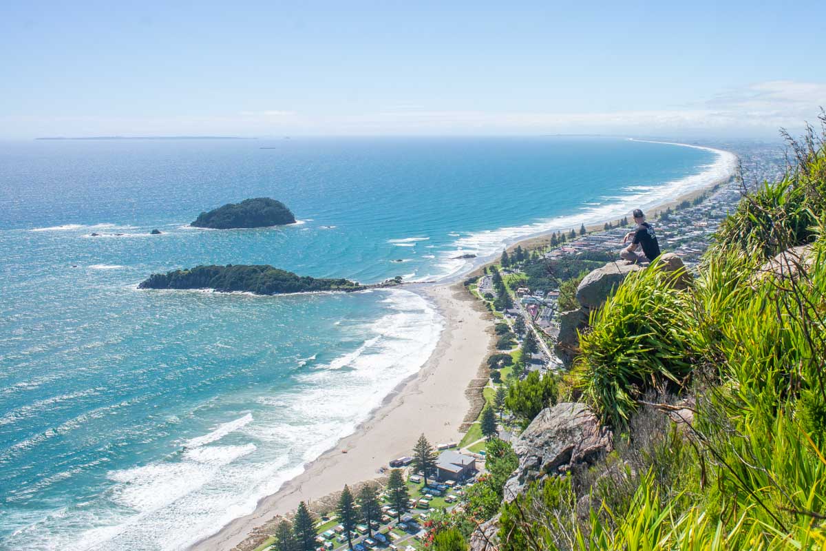 view of Mount Maunganui Beach from the top of the hike