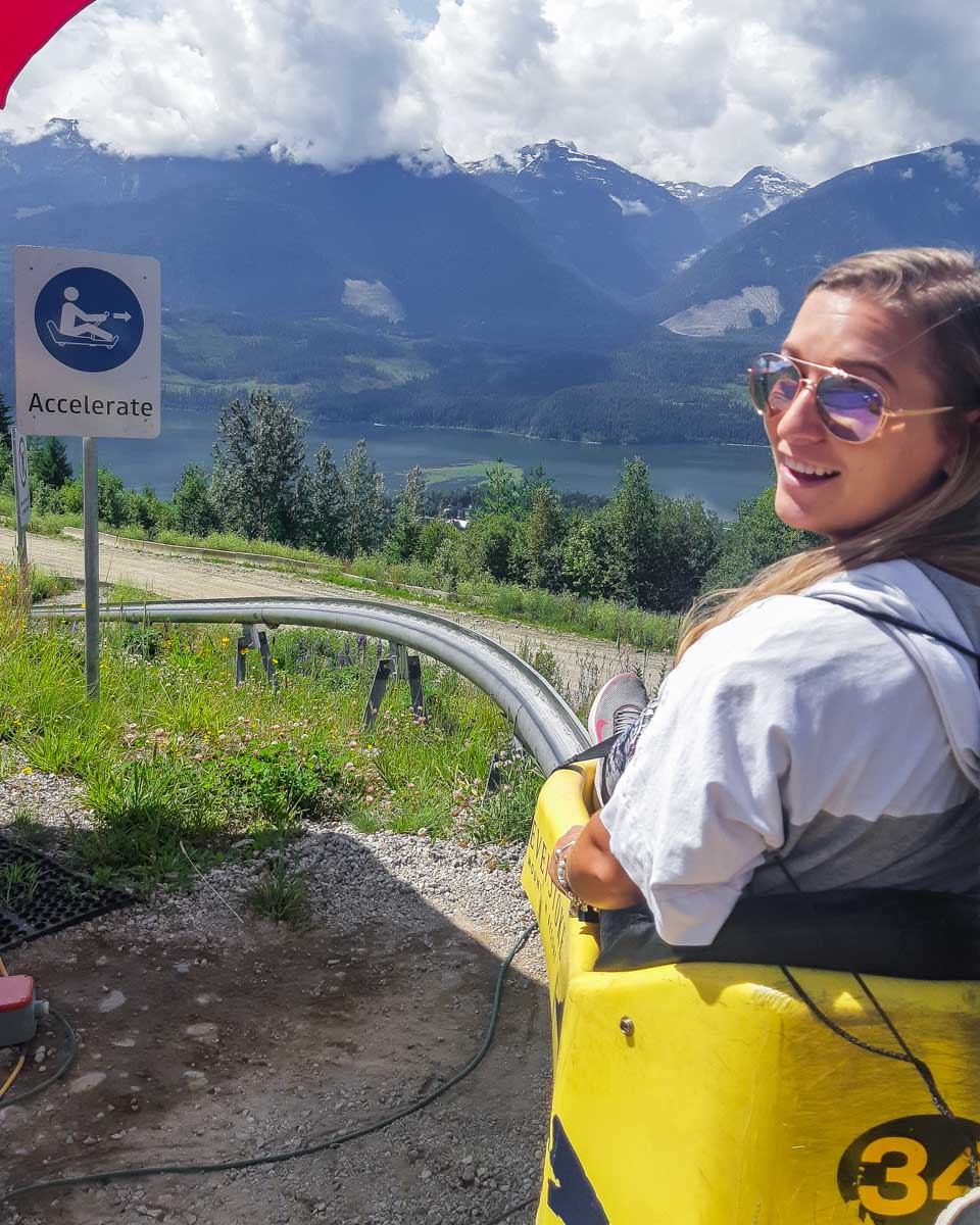 Bailey about to ride the Pipe Mountain Coaster in Revelstoke, BC