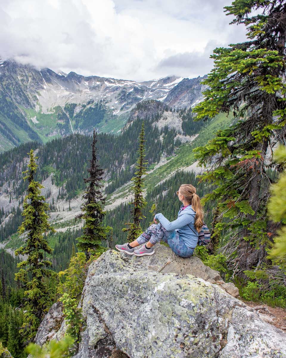 Bailey sits on a viewpoint in Revelstoke National Park, Canada