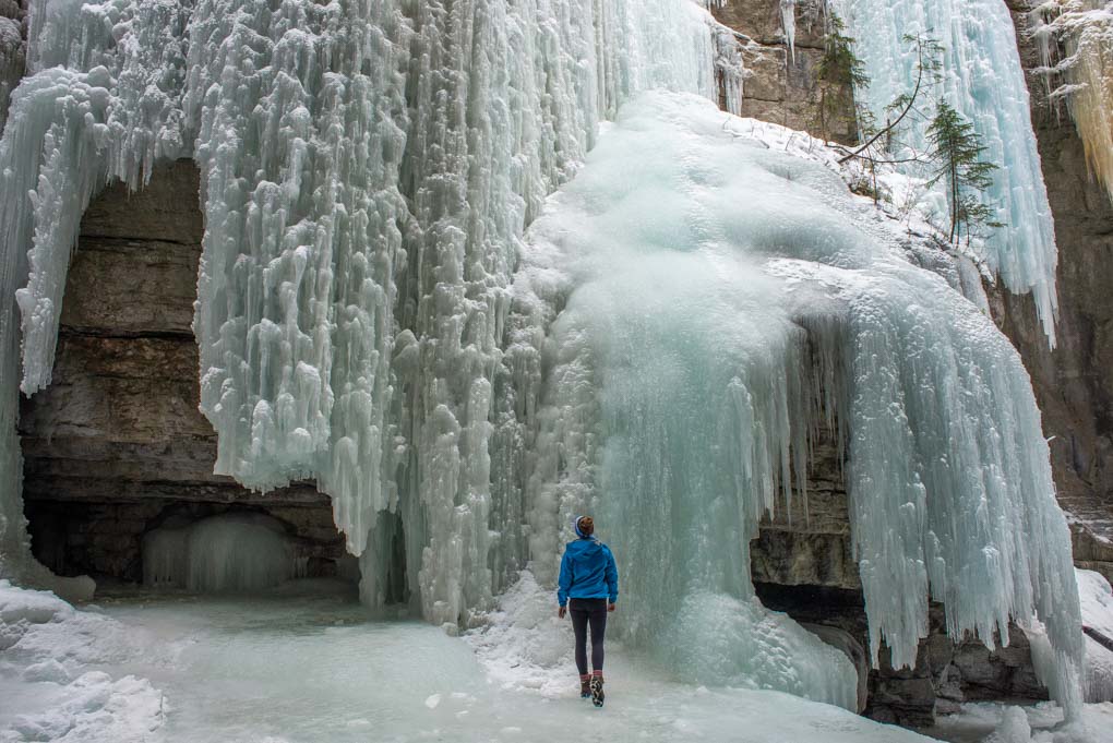 Walking amoung huge frozen waterfalls in Malign Canyon in Jasper