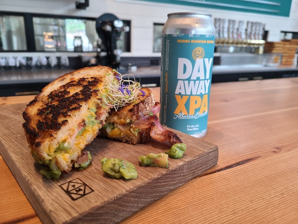 a grilled cheese and beer from Folding Mountain Brewing in Jasper National Park