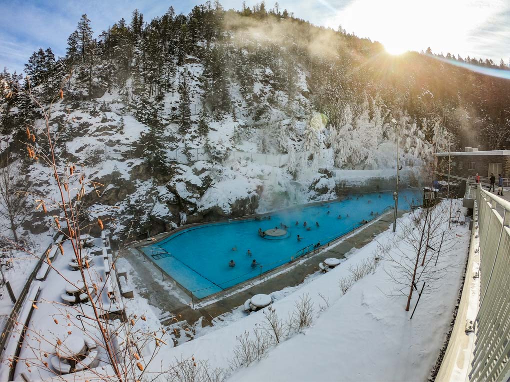 The Radium Hot Springs as seen from the entrance looking down into the pools