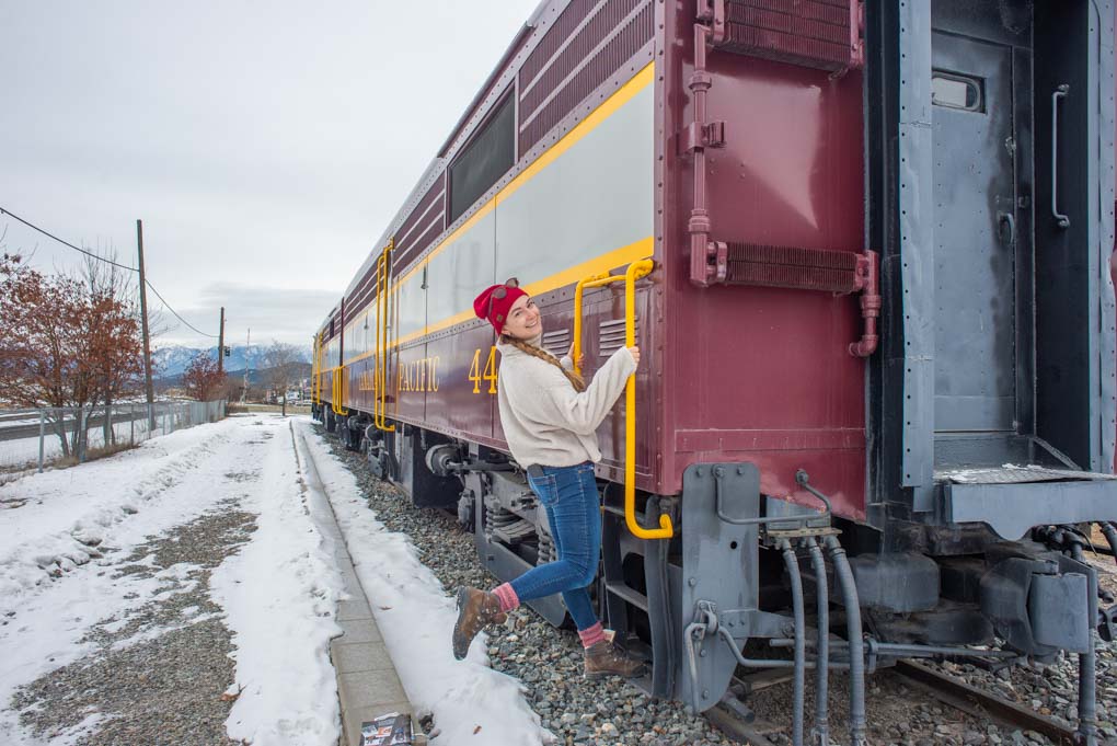 Bailey on an old train on display in Cranbrook