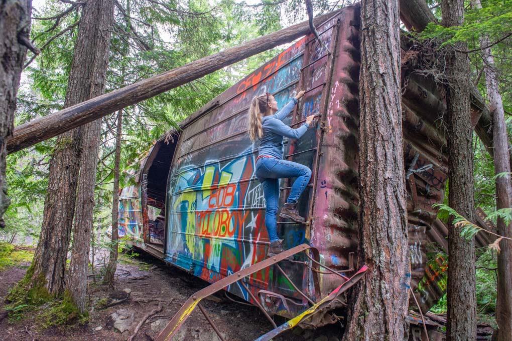 Climbing a train at the Train Graveyard