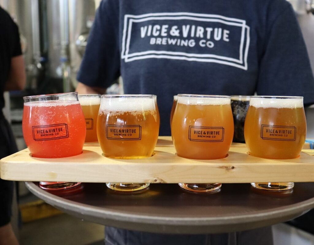 a tasting paddle at Vice and virtue Brewing co in Kelowna