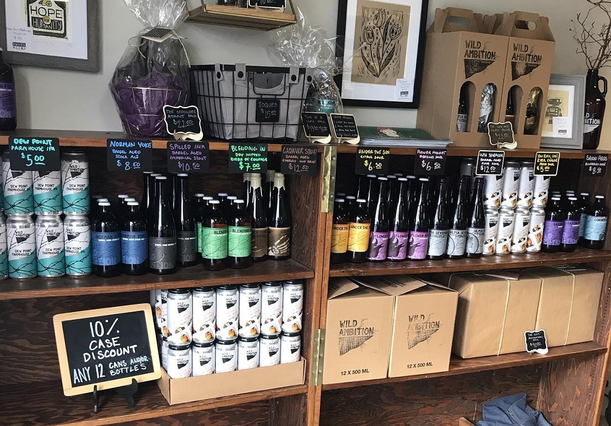 merch store at Wild Ambition Brewing