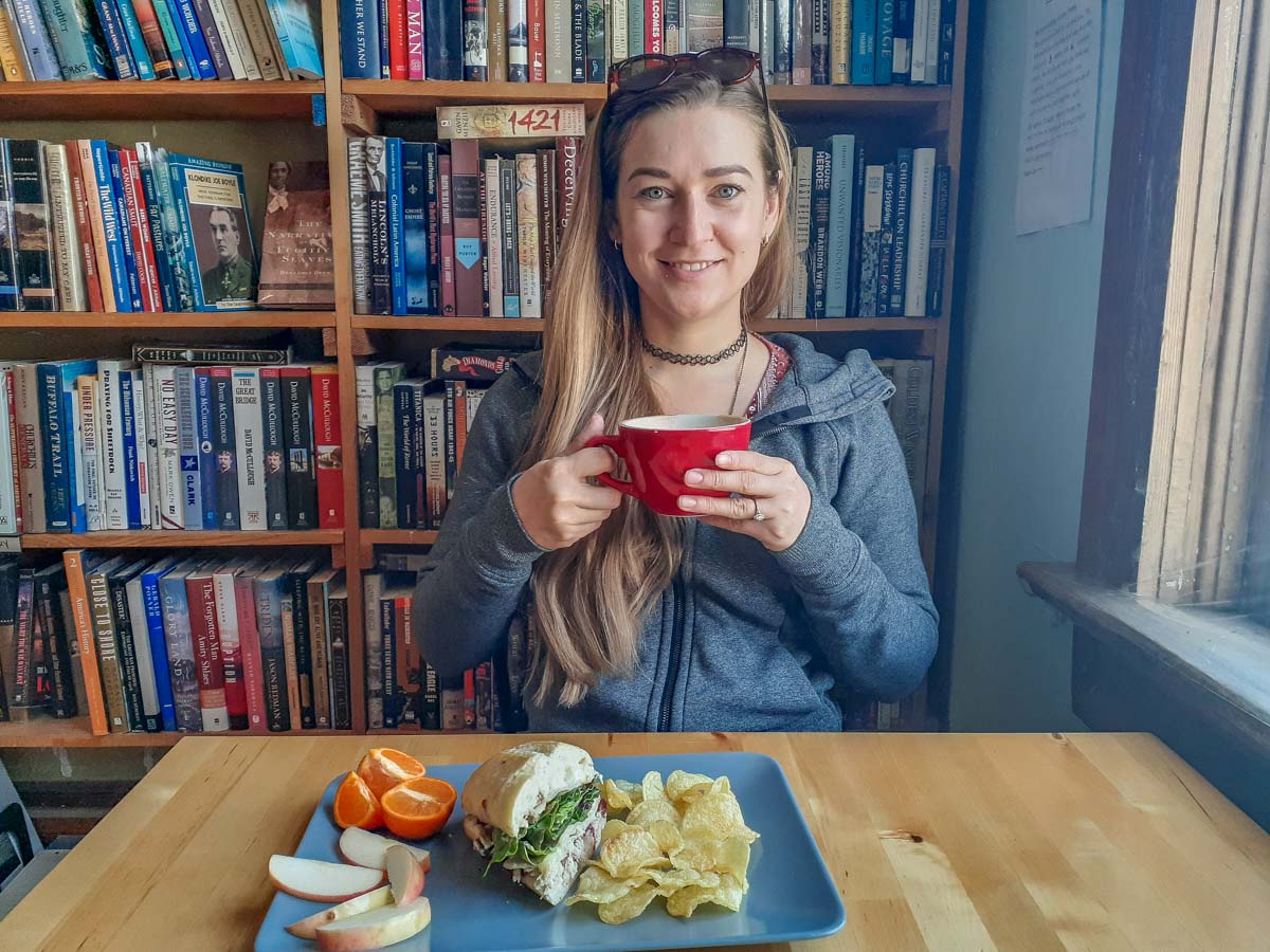 Having a coffee at Bacchus Books Café, Golden