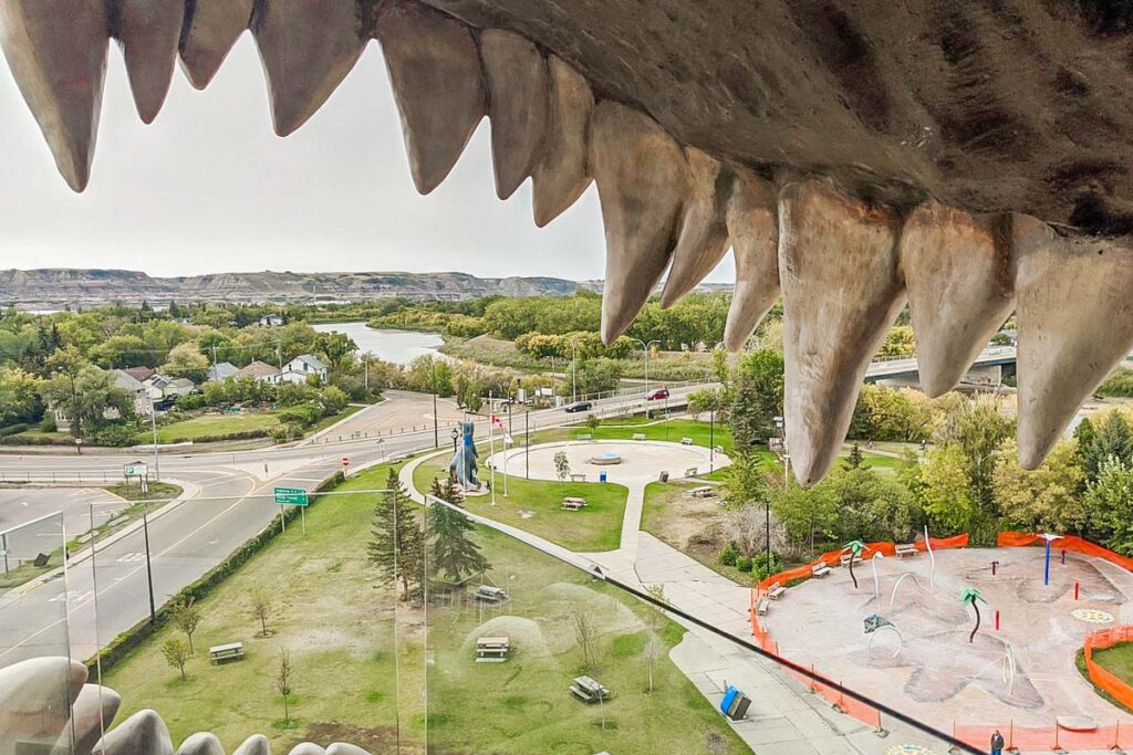 View from the mouth of Tyra the T-rex in Drumheller and worlds largest dinosaur statue