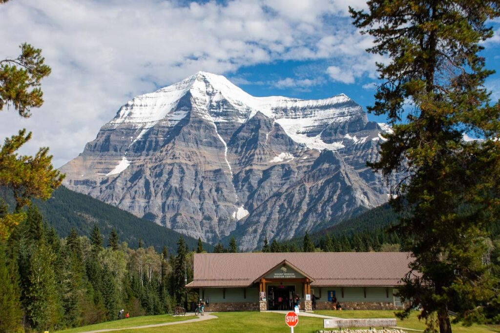 Mt Robson Provincial Park Visitor Center with a backdrop of Mt Robson