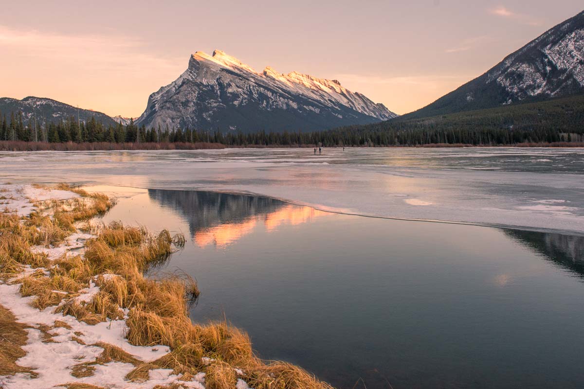 Gorgeous photo at sunset of Vermillion Lakes in winter