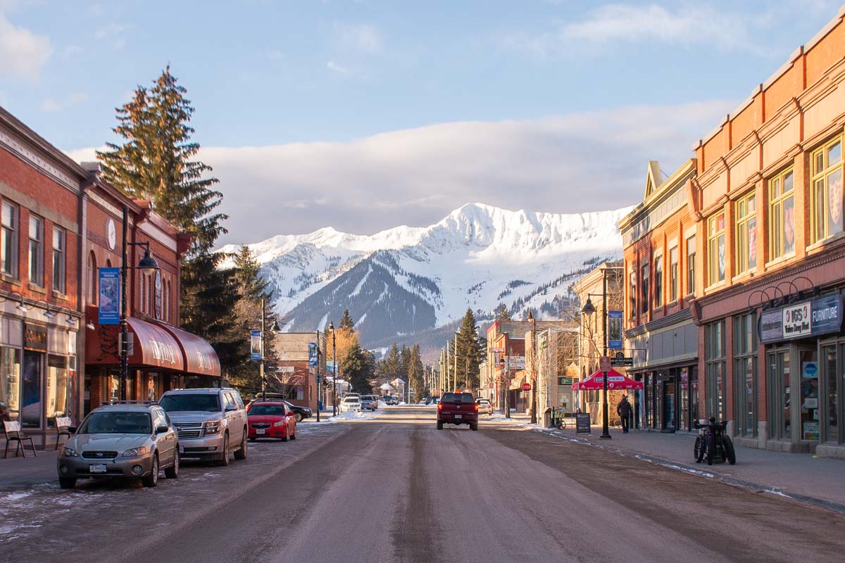 Fernie town on 2nd street facing the mountains in winter