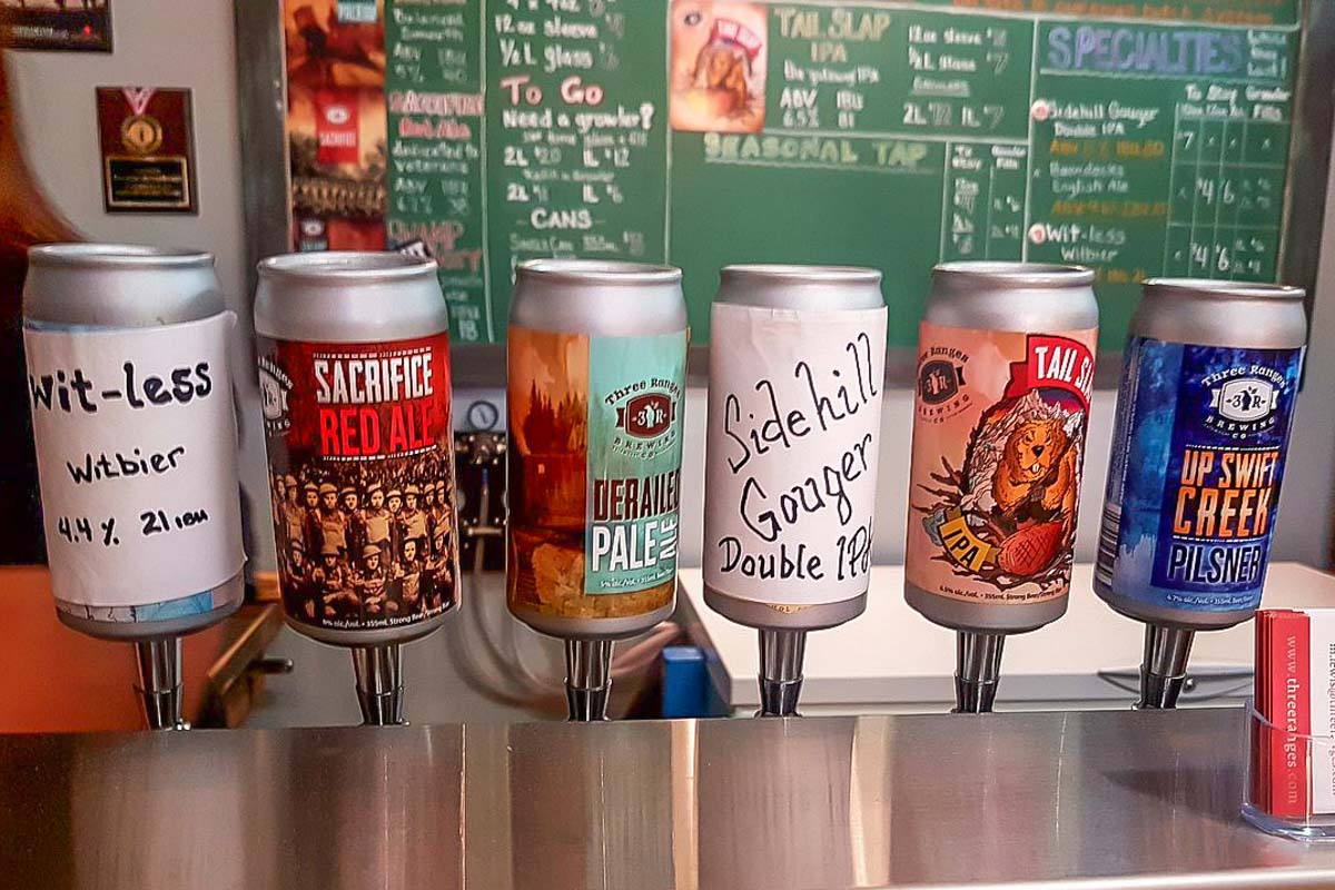 Taps of beer at Three Rangers Brewing Company, Valemount, BC