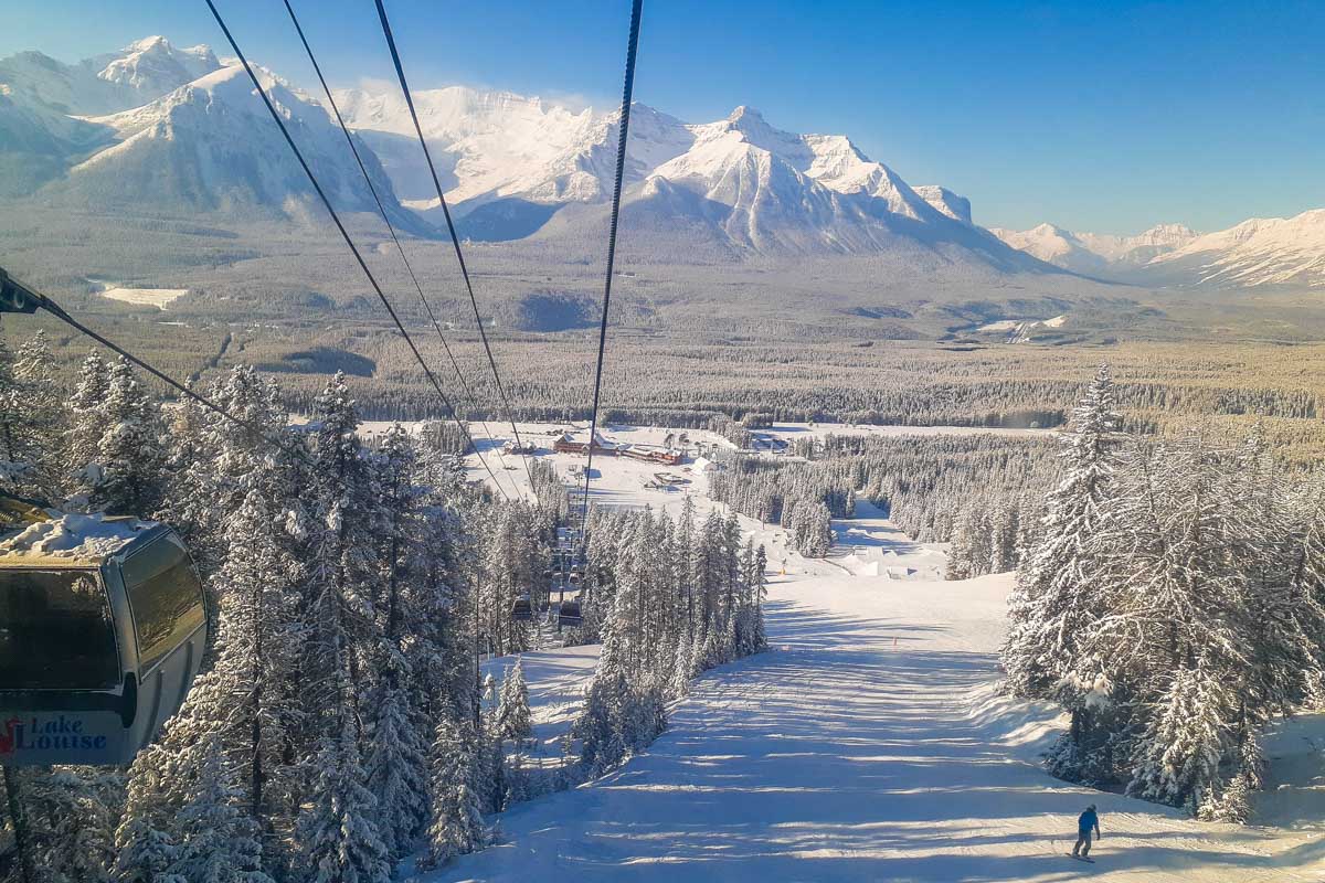 view from a gondola at the Lake Louise Sightseeing winter gondola
