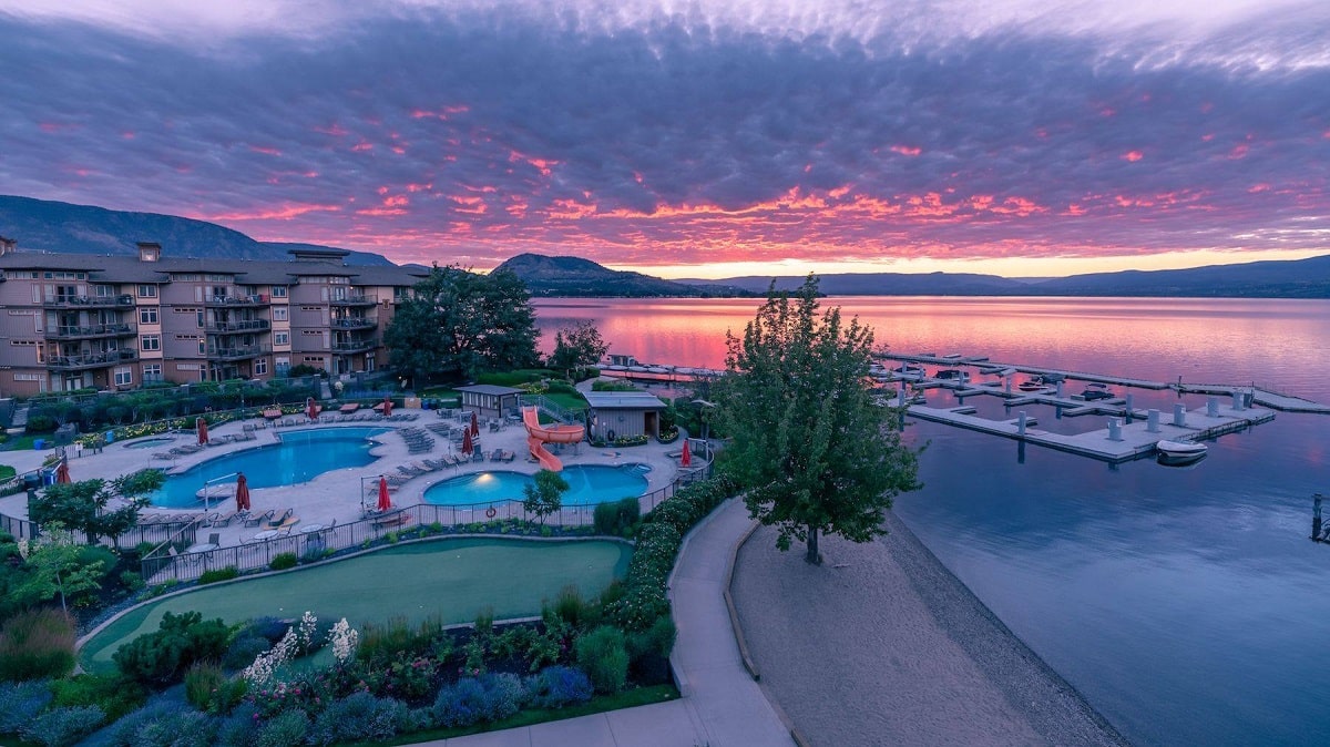 view of the Cove Lakeside Resort at sunset in West Kelowna