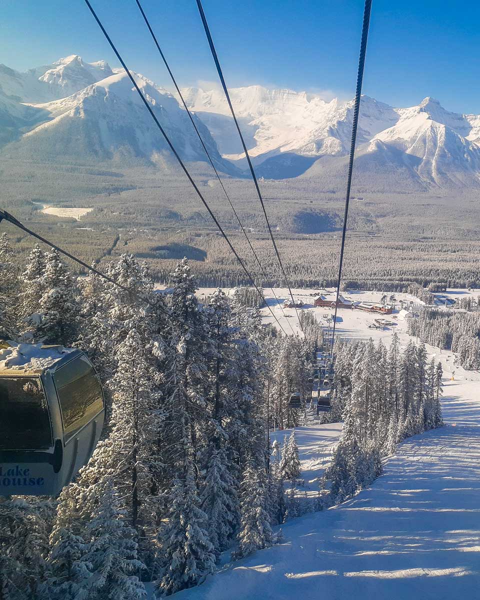 view from a gondola at the Lake Louise Sightseeing winter gondola