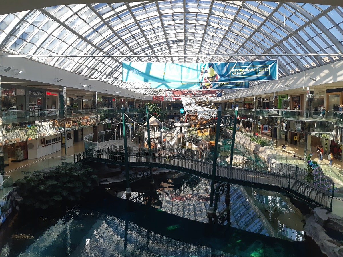 the inside of west edmonton mall, view of the brudge and ship