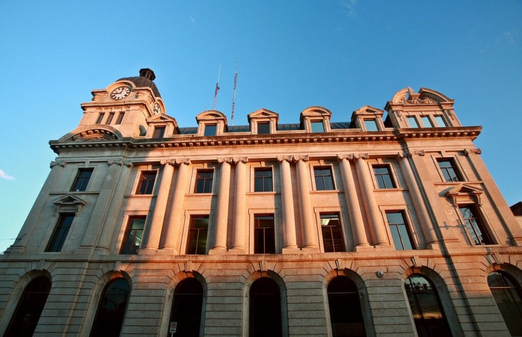 looking up the outside of City Hall in Moose Jaw