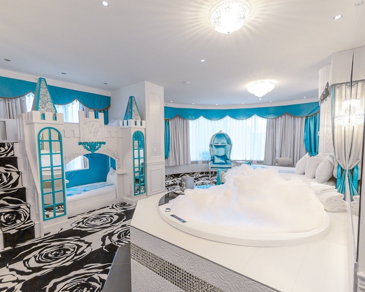 the inside of the princess themed room in Fantasyland Hotel, West Edmonton Mall