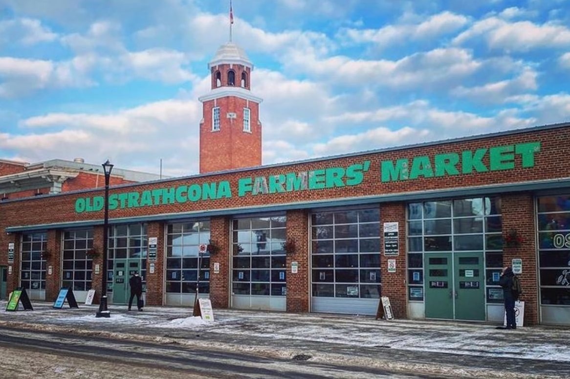 the outside of the Strathcona Farmers Market in the winter in Edmonton