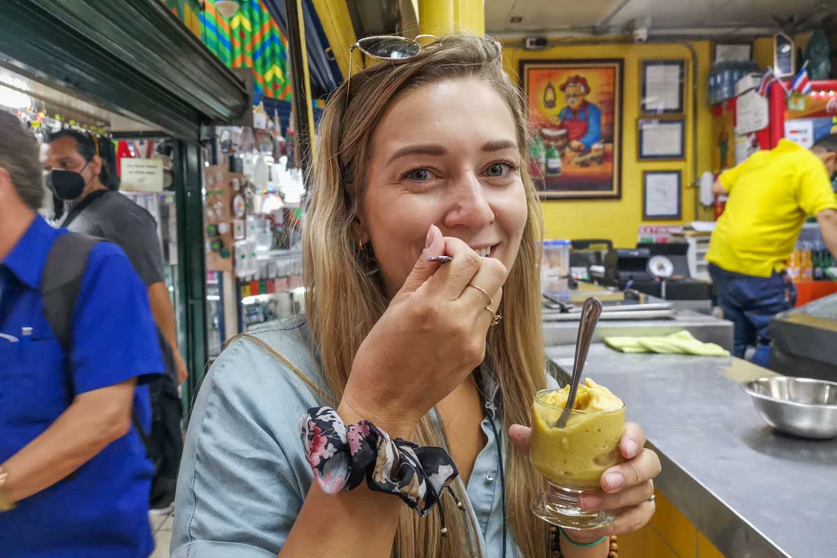 Bailey-eats-Helados-de-Sorbetera-in-a market on a food tour in San Jose Costa Rica