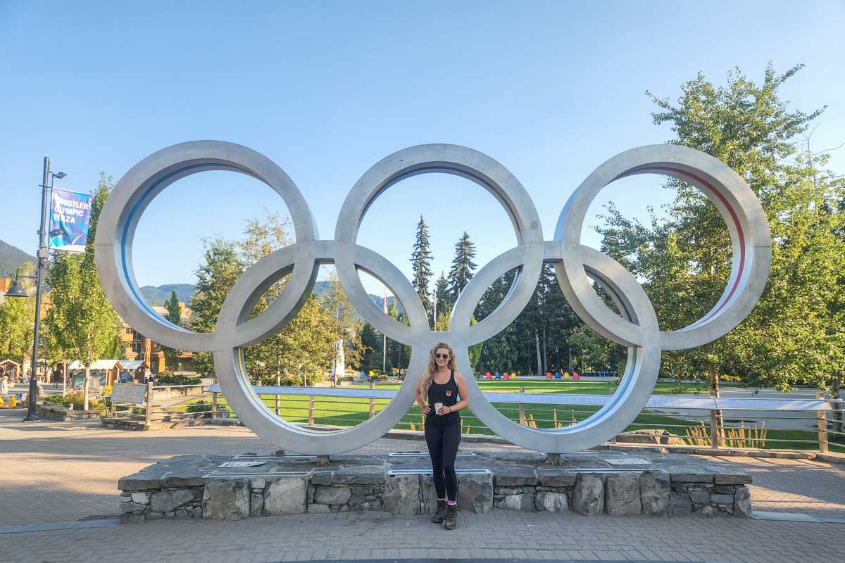 Bailey with the Olympic rings in Whistler, BC