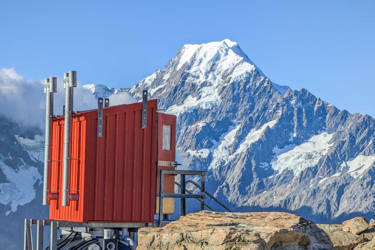 The toilet at the Mueller Hut with views of Mount Cook int he background