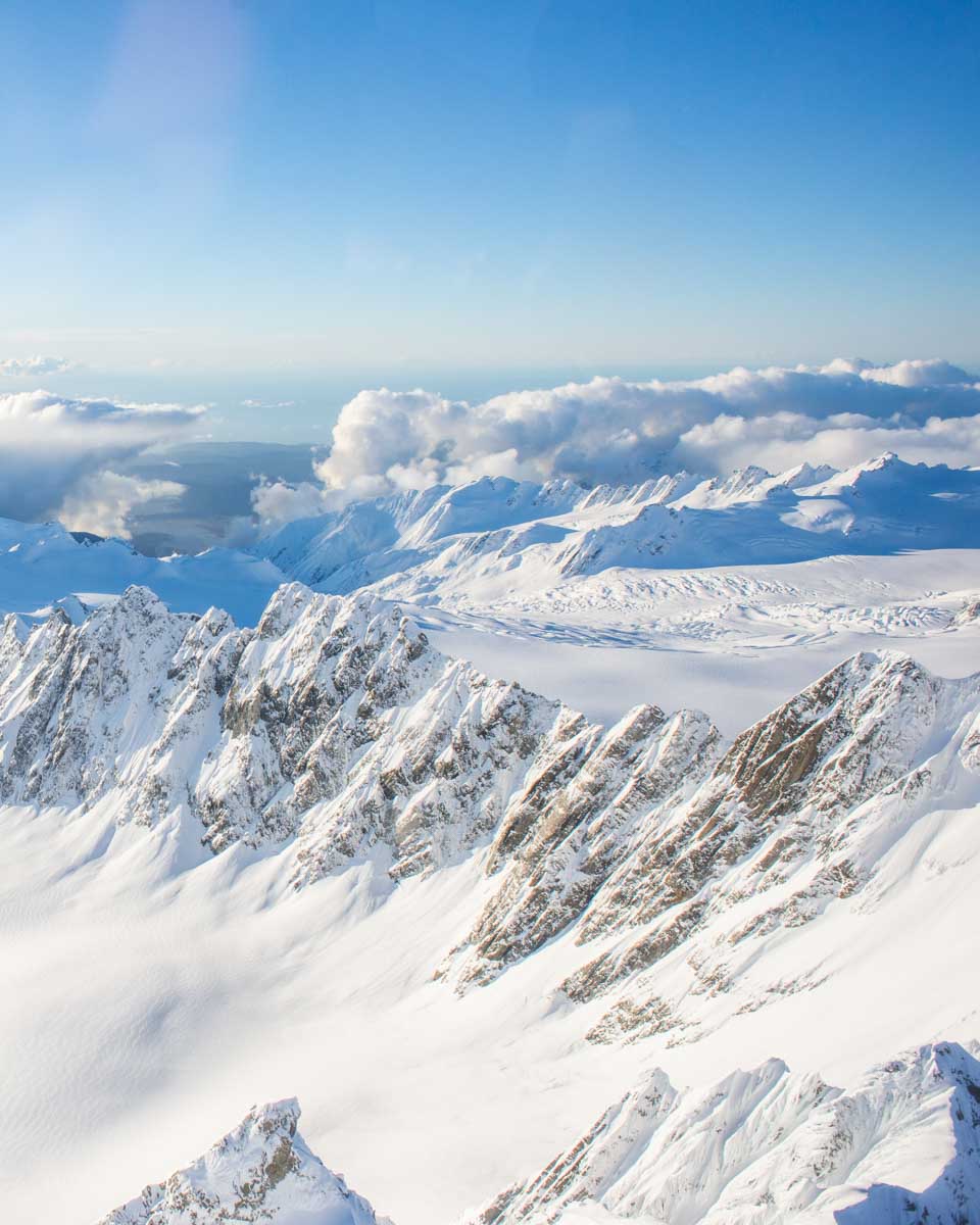 View of the Southern Alps as seen from a helicopter tour in mount cook National Park