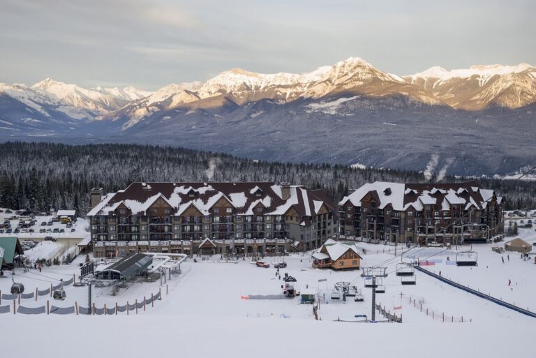 view of the hotel at Kicking Horse Resort from the chairlist - one of the best places to stay in Golden, BC