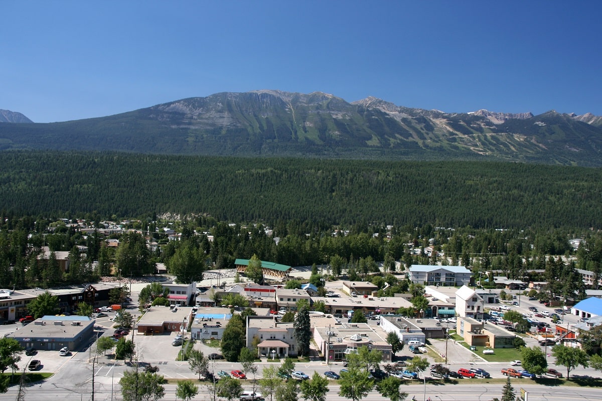 view from the mountain looking down at the town of Golden, British Columbia