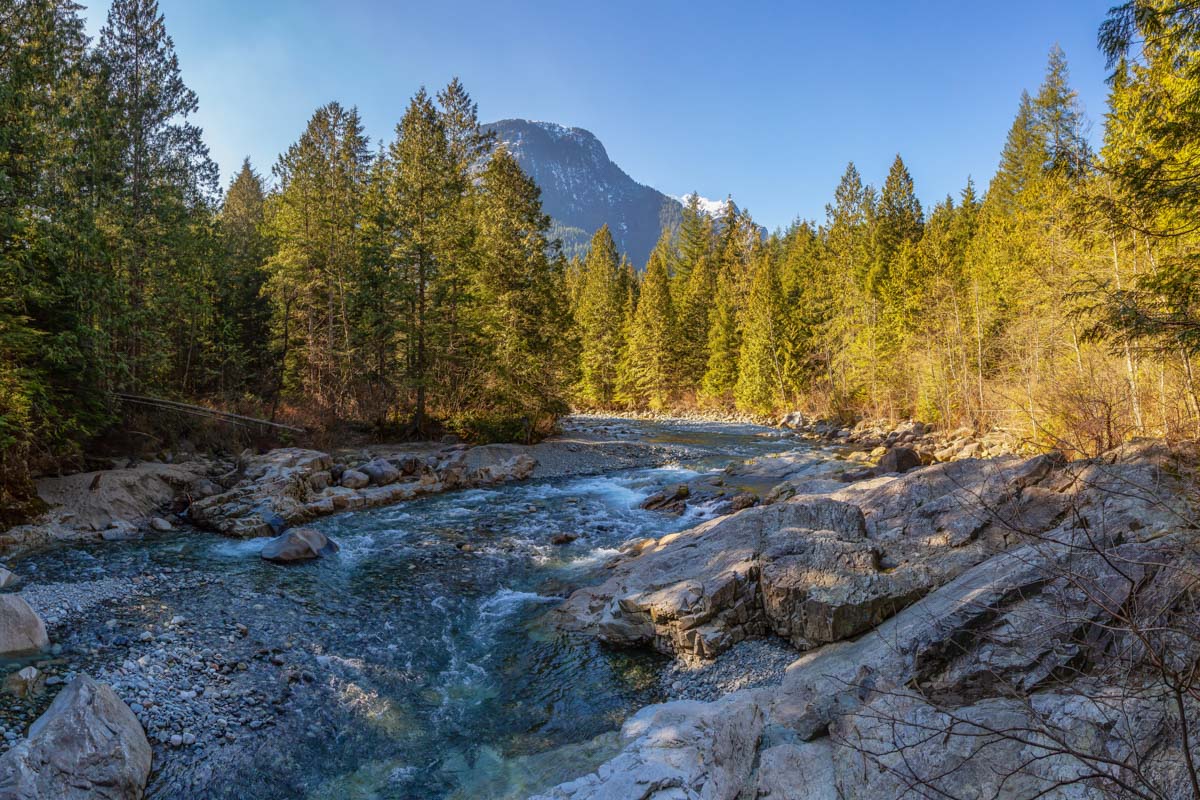 The view of a river with a mountain backdrop in Golden Ears Provincial Park, BC